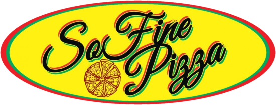 Yellow oval with So Fine Pizza written in script with pizza image