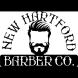 Black & white logo male head with facial hair and words New Hartford Barber Co around