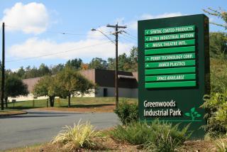 Greenwoods Industrial Park sign listing businesses