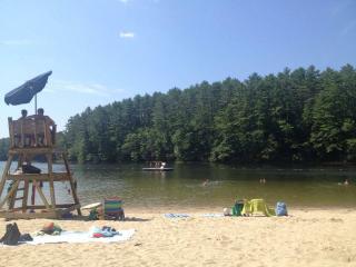 Image of beach with trees to the right and lifeguard chair in left foreground