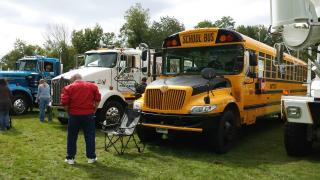 school bus and trucks