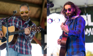 two photos of musicians playing guitars