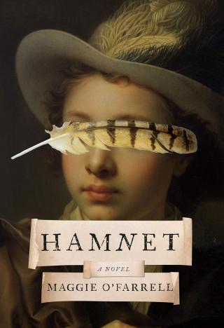 Book cover of Hamnet by Maggie O'Farrell person wearing a hat with a feather across their eyes