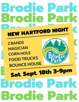 flyer for New Hartford night - blue & green Brodie Park with yellow inset listing events