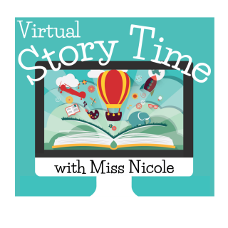 computer screen with open book and virtual story time logo