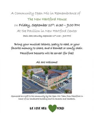 flyer with event info & aerial photo of former New Hartford House