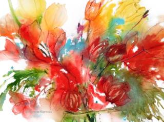 Painting by Pamela Harnois  red and yellow flowers
