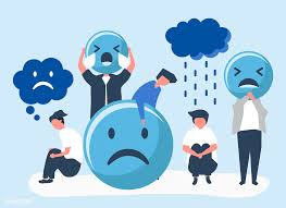 People with blue sad faces and rain clouds