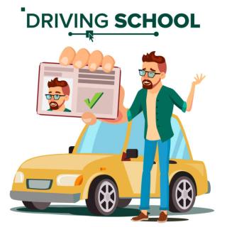 Driving School with student holding his license next to the car